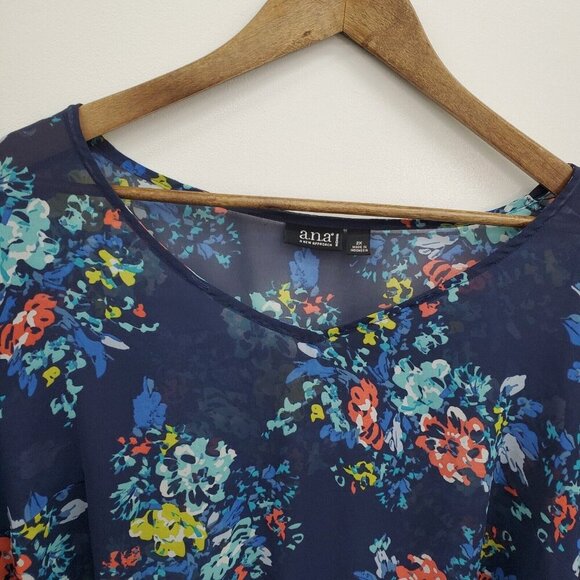 A.n.a Womens Floral Print Sheer Blouse Top Plus Size 2X Blue 3/4 Sleeve‎ V-Neck - Picture 9 of 14